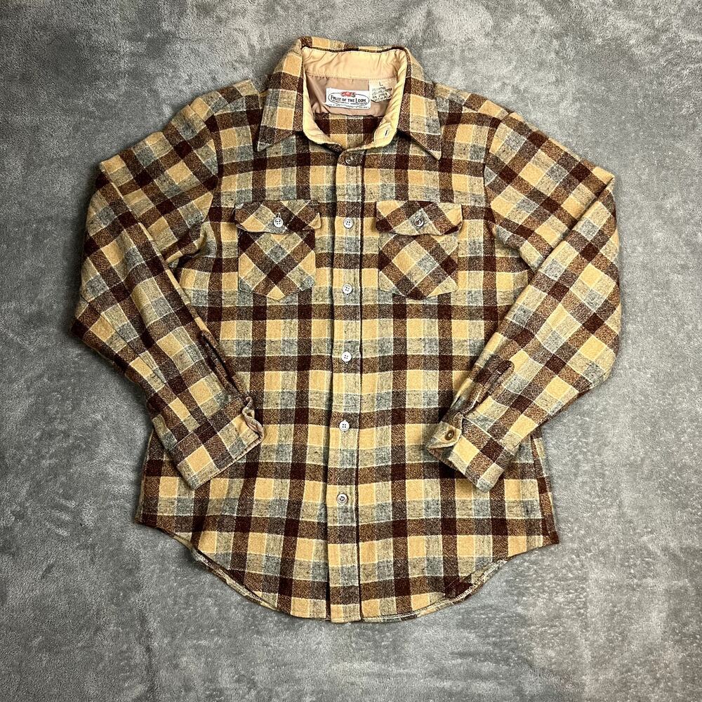 Vintage 70s Fruit of the Loom Collared Polo Shirt Button Up Wool Plaid‎ Men's L